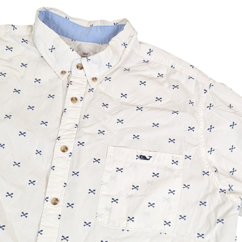 Vineyard Vines Mens XL White Blue Fishbone Print Cotton SS Button Down Shirt